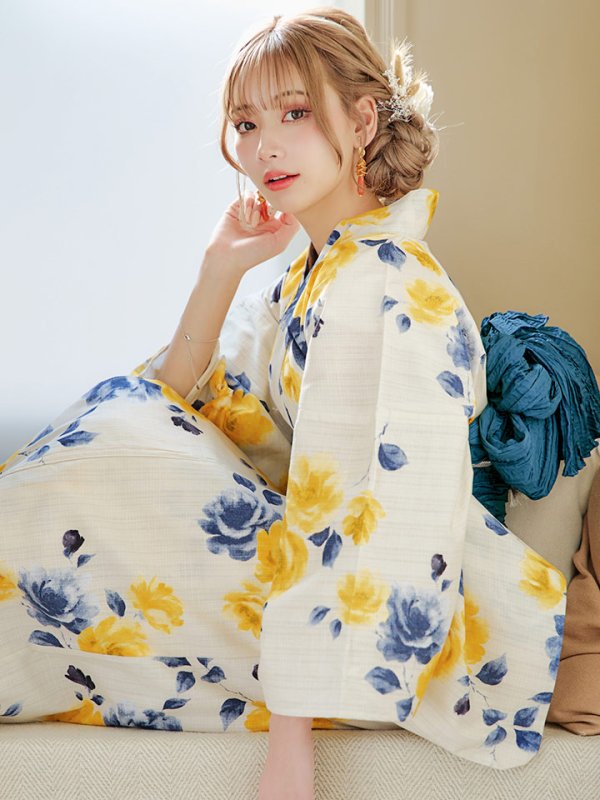 画像13: 【即日発送】ブルーxイエローローズ 薔薇 浴衣  【浴衣３点セット 浴衣/帯/下駄】[YMT]