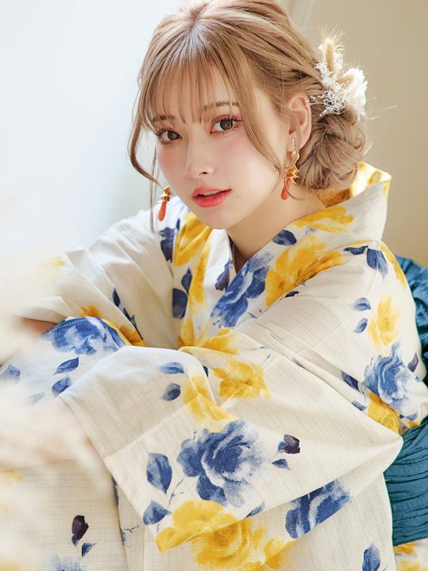 画像15: 【即日発送】ブルーxイエローローズ 薔薇 浴衣  【浴衣３点セット 浴衣/帯/下駄】[YMT]