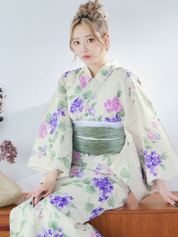 画像2: 【即日発送】クリームストライプ地x紫陽花浴衣 OBI-g-500-kj-6-GR / HIMO-900-yn-5-IV / HEKO-800-sb-5-W / YA-81-kn-W / GETA-02-ok-2-IV[YMT]