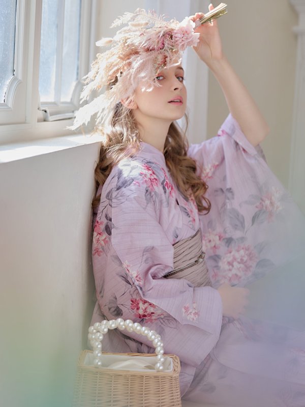 画像14: 【浴衣セール！】【即日発送】ピンクストライプ地x紫陽花浴衣  【浴衣３点セット 浴衣/帯/下駄】[YMT]