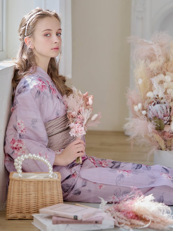 画像9: 【浴衣セール！】【即日発送】ピンクストライプ地x紫陽花浴衣  【浴衣３点セット 浴衣/帯/下駄】[YMT]