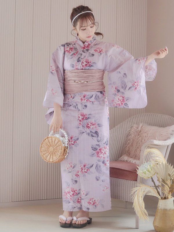 画像11: 【浴衣セール！】【即日発送】ピンクストライプ地x紫陽花浴衣  【浴衣３点セット 浴衣/帯/下駄】[YMT]