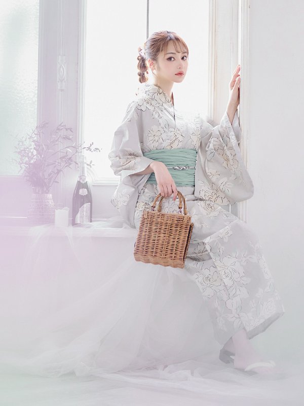 画像7: 【即日発送】グレー地にガーリー牡丹浴衣  【浴衣３点セット 浴衣/帯/下駄】[YMT]