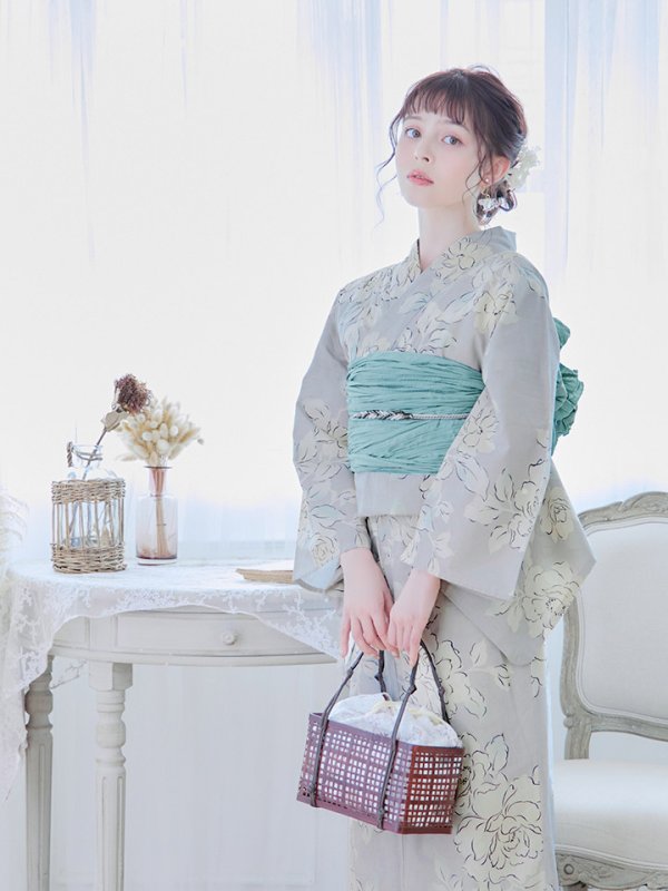 画像12: 【即日発送】グレー地にガーリー牡丹浴衣  【浴衣３点セット 浴衣/帯/下駄】[YMT]