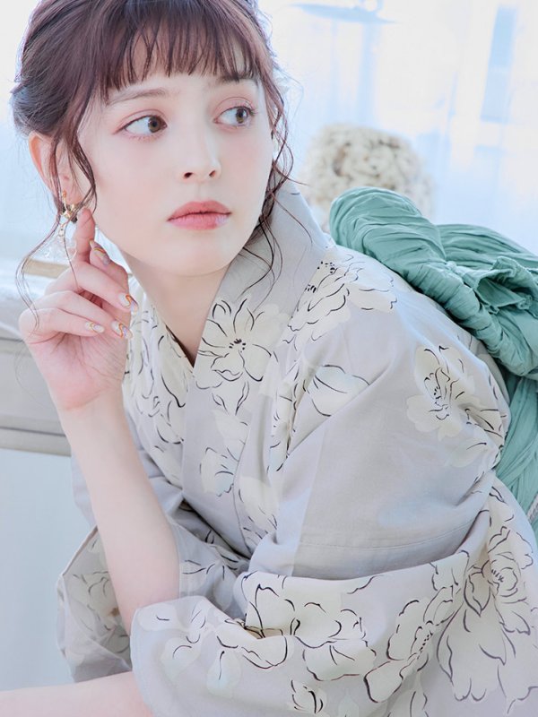 画像13: 【即日発送】グレー地にガーリー牡丹浴衣  【浴衣３点セット 浴衣/帯/下駄】[YMT]