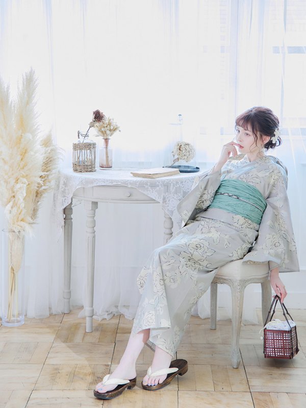 画像14: 【即日発送】グレー地にガーリー牡丹浴衣  【浴衣３点セット 浴衣/帯/下駄】[YMT]