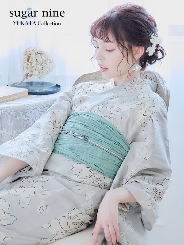 画像3: 【即日発送】グレー地にガーリー牡丹浴衣  【浴衣３点セット 浴衣/帯/下駄】[YMT]