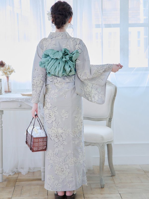 画像8: 【即日発送】グレー地にガーリー牡丹浴衣  【浴衣３点セット 浴衣/帯/下駄】[YMT]