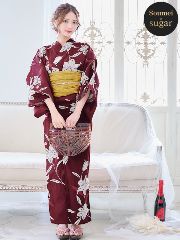 画像3: 【即日発送】【浴衣】エンジ×モダンハイビスカス浴衣【浴衣３点セット 浴衣/帯/下駄】[YMT]