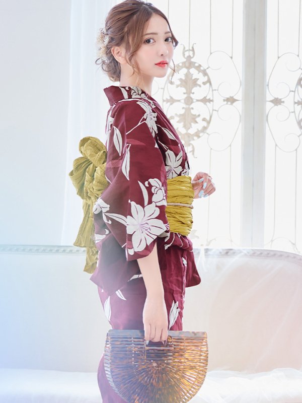 画像8: 【即日発送】【浴衣】エンジ×モダンハイビスカス浴衣【浴衣３点セット 浴衣/帯/下駄】[YMT]