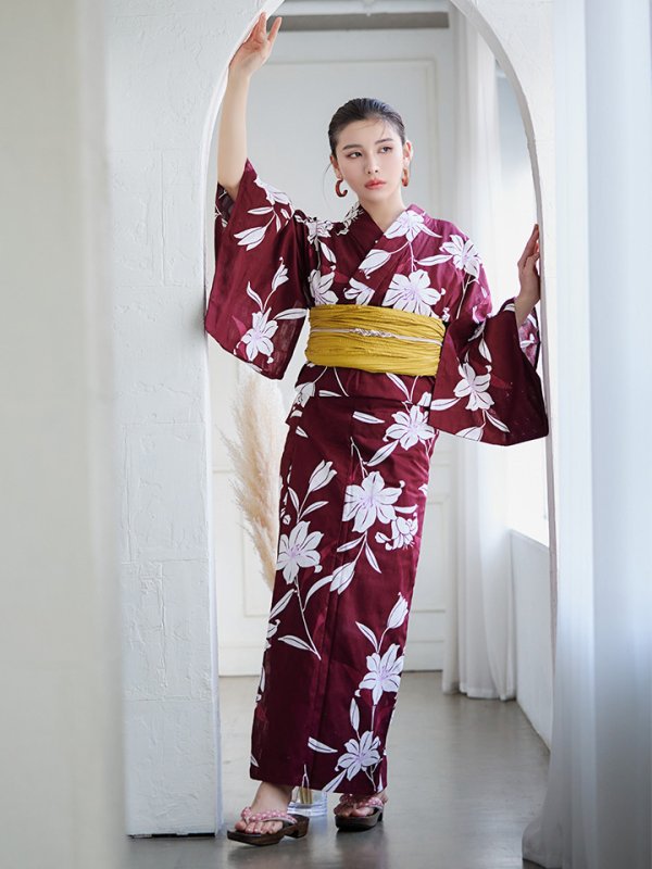 画像4: 【即日発送】【浴衣】エンジ×モダンハイビスカス浴衣【浴衣３点セット 浴衣/帯/下駄】[YMT]
