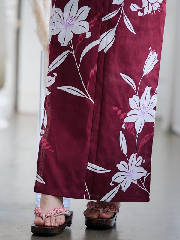 画像7: 【即日発送】【浴衣】エンジ×モダンハイビスカス浴衣【浴衣３点セット 浴衣/帯/下駄】[YMT]