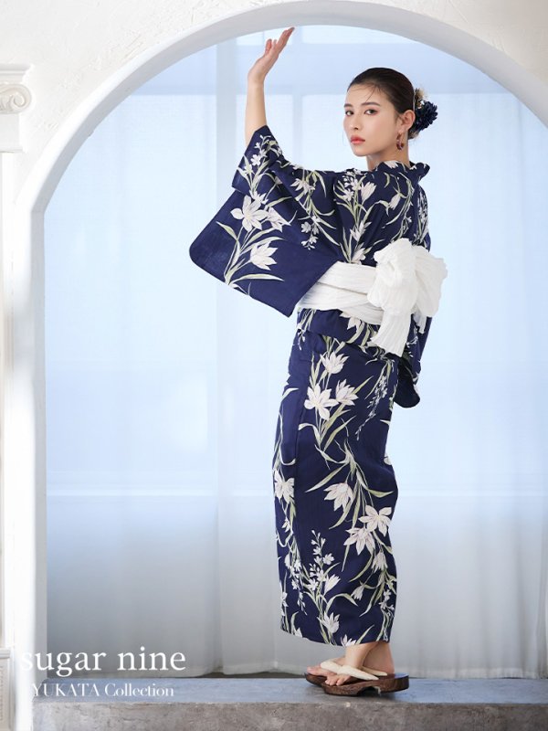 画像3: 【即日発送】ネイビー地x百合柄浴衣  【浴衣３点セット 浴衣/帯/下駄】[YMT]