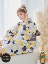 【浴衣】イエローとブルーのニュアンス花柄浴衣 19obi-37 / Yhimo-GY×GY / A953kn-W / YCA68kn-W / Yheko-W / CG-15-IV【YMT】