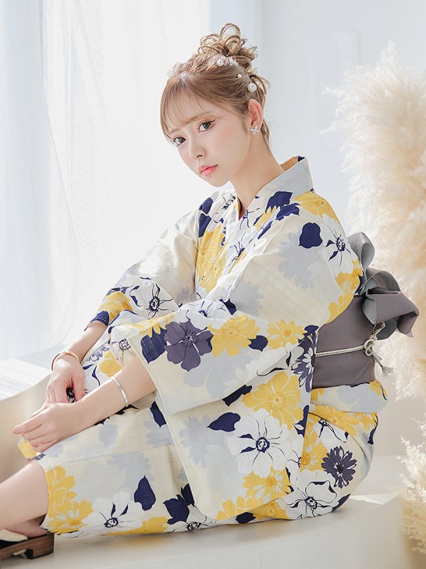 画像10: 【即日発送】【浴衣】イエローとブルーのニュアンス花柄浴衣  【浴衣3点セット 浴衣/帯/下駄】【YMT】