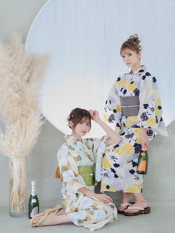 画像14: 【即日発送】【浴衣】イエローとブルーのニュアンス花柄浴衣  【浴衣3点セット 浴衣/帯/下駄】【YMT】