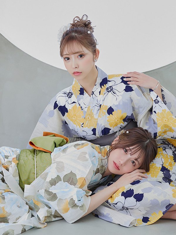 画像16: 【即日発送】【浴衣】イエローとブルーのニュアンス花柄浴衣  【浴衣3点セット 浴衣/帯/下駄】【YMT】