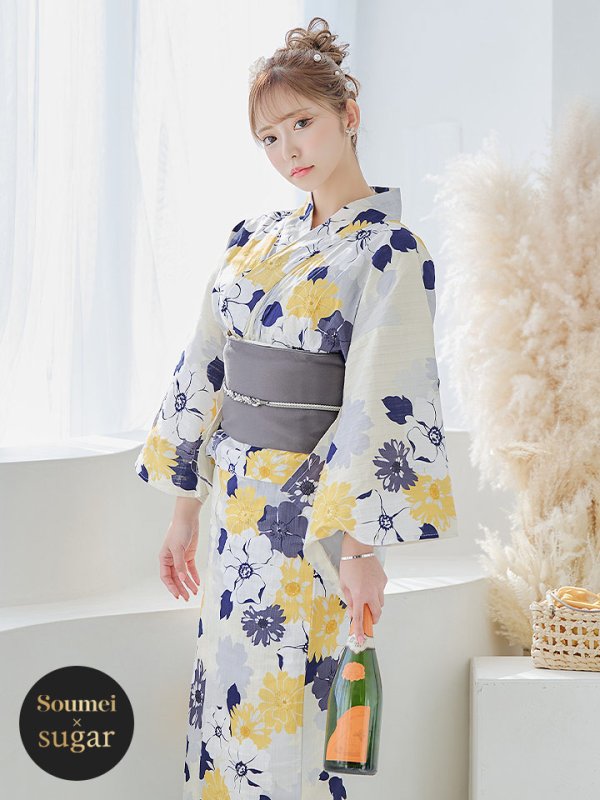 画像3: 【即日発送】【浴衣】イエローとブルーのニュアンス花柄浴衣  【浴衣3点セット 浴衣/帯/下駄】【YMT】