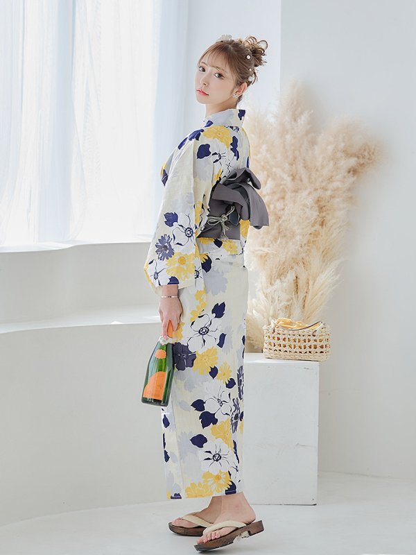 画像4: 【即日発送】【浴衣】イエローとブルーのニュアンス花柄浴衣  【浴衣3点セット 浴衣/帯/下駄】【YMT】