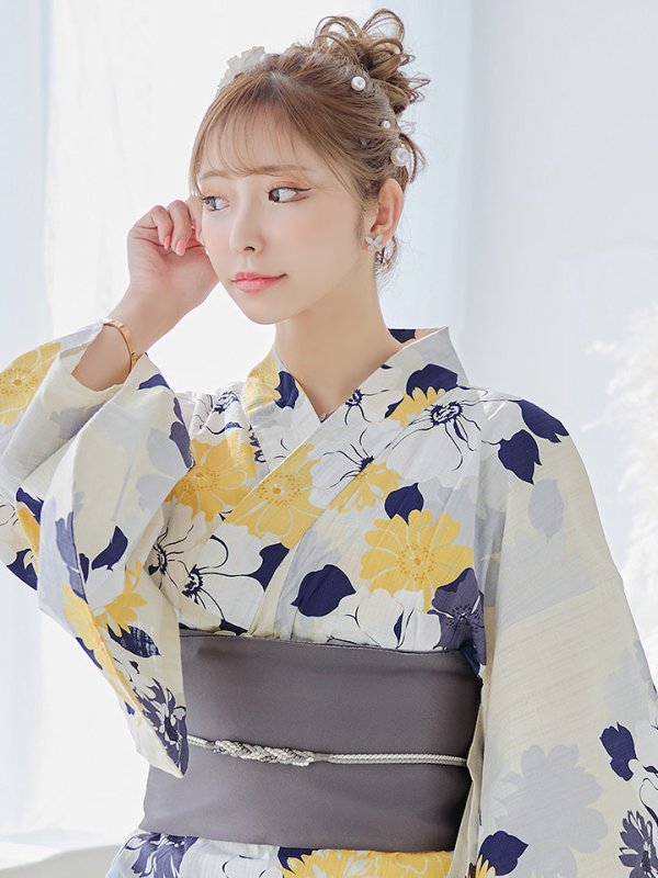 画像5: 【即日発送】【浴衣】イエローとブルーのニュアンス花柄浴衣  【浴衣3点セット 浴衣/帯/下駄】【YMT】
