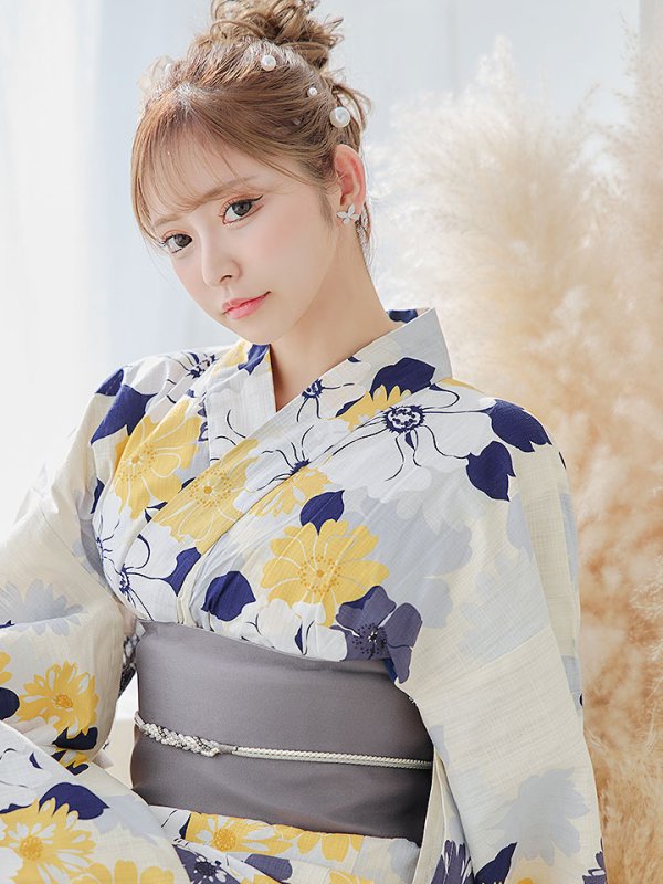 画像7: 【即日発送】【浴衣】イエローとブルーのニュアンス花柄浴衣  【浴衣3点セット 浴衣/帯/下駄】【YMT】