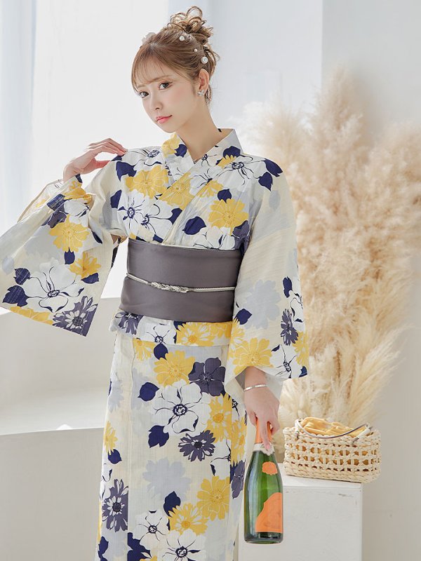 画像8: 【即日発送】【浴衣】イエローとブルーのニュアンス花柄浴衣  【浴衣3点セット 浴衣/帯/下駄】【YMT】