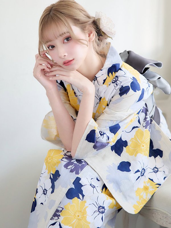 画像13: 【即日発送】【浴衣】イエローとブルーのニュアンス花柄浴衣【YMT】
