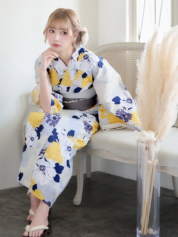 画像16: 【即日発送】【浴衣】イエローとブルーのニュアンス花柄浴衣【YMT】