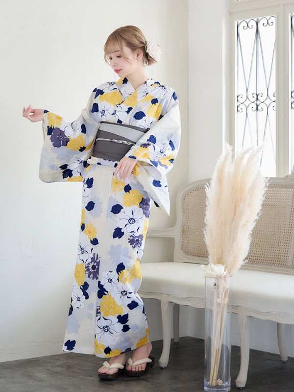 画像4: 【即日発送】【浴衣】イエローとブルーのニュアンス花柄浴衣【YMT】