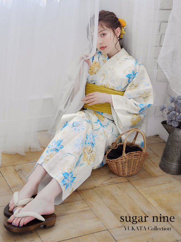 画像3: 【即日発送】ブルーとイエローのニュアンス水仙浴衣【浴衣３点セット 浴衣/帯/下駄】[YMT]