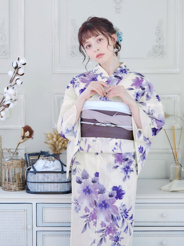 画像10: 【即日発送】白地xパープルグラデーション浴衣【浴衣３点セット 浴衣/帯/下駄】[YMT]