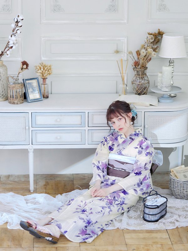 画像12: 【即日発送】白地xパープルグラデーション浴衣【浴衣３点セット 浴衣/帯/下駄】[YMT]