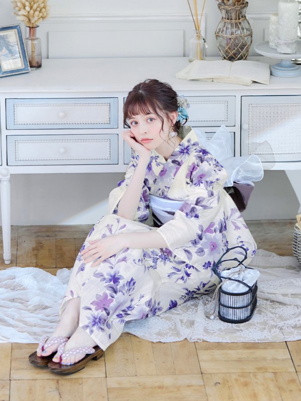 画像13: 【即日発送】白地xパープルグラデーション浴衣【浴衣３点セット 浴衣/帯/下駄】[YMT]