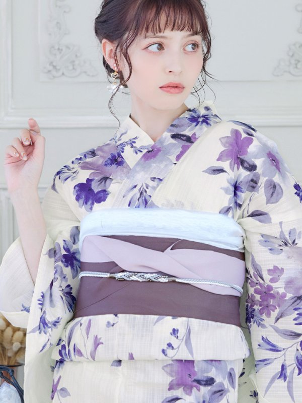 画像4: 【即日発送】白地xパープルグラデーション浴衣【浴衣３点セット 浴衣/帯/下駄】[YMT]