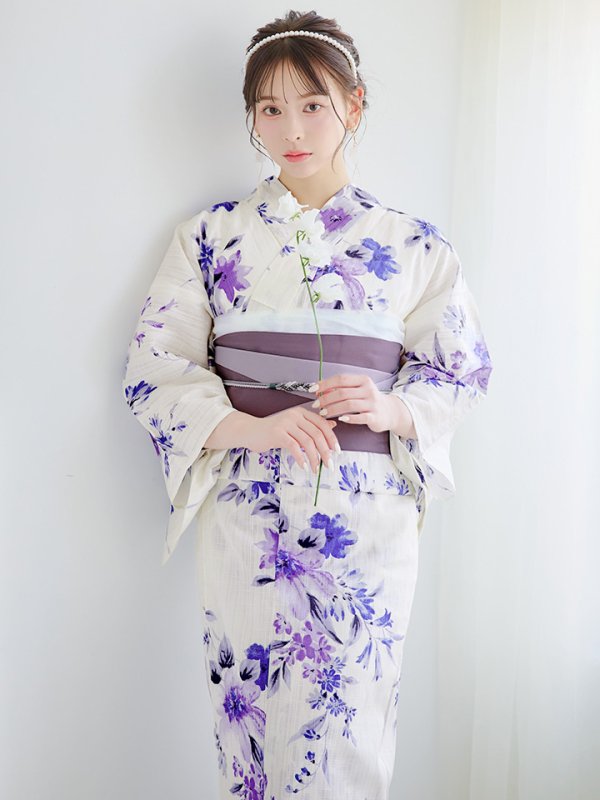 画像10: 【即日発送】白地xパープルグラデーション浴衣  【浴衣３点セット 浴衣/帯/下駄】[YMT]