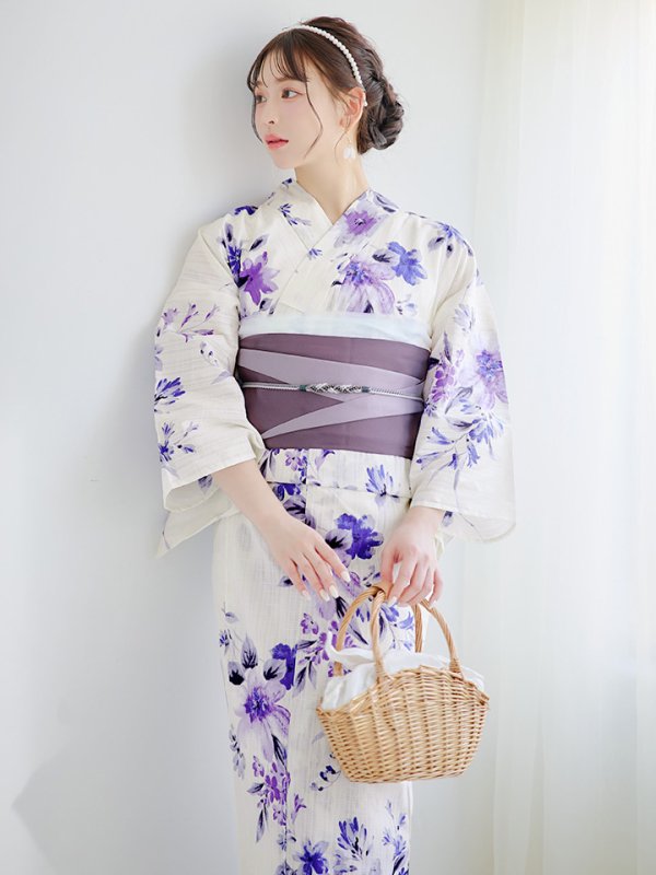 画像11: 【即日発送】白地xパープルグラデーション浴衣  【浴衣３点セット 浴衣/帯/下駄】[YMT]