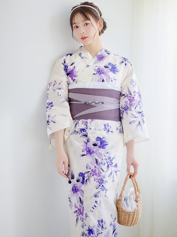 画像12: 【即日発送】白地xパープルグラデーション浴衣  【浴衣３点セット 浴衣/帯/下駄】[YMT]