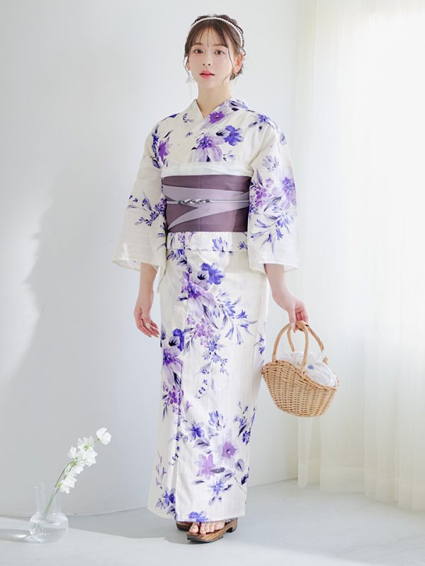 画像14: 【即日発送】白地xパープルグラデーション浴衣  【浴衣３点セット 浴衣/帯/下駄】[YMT]