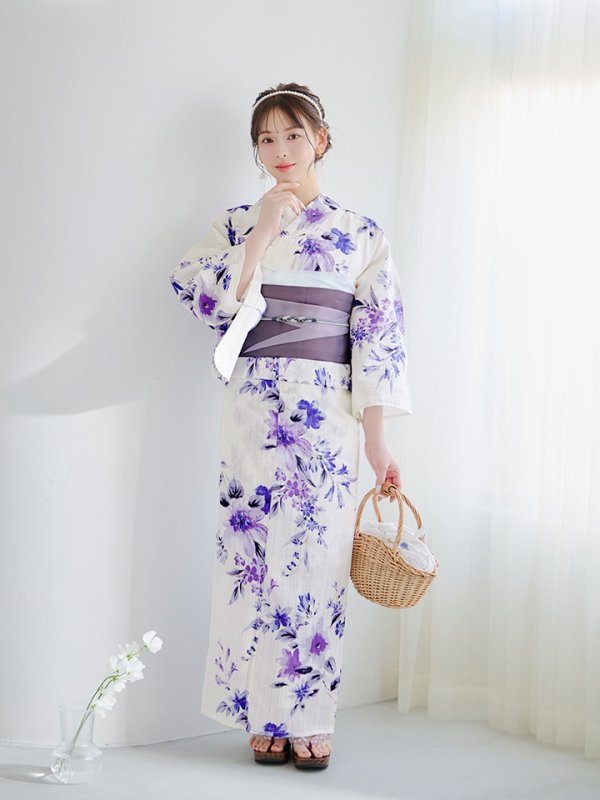 画像15: 【即日発送】白地xパープルグラデーション浴衣  【浴衣３点セット 浴衣/帯/下駄】[YMT]