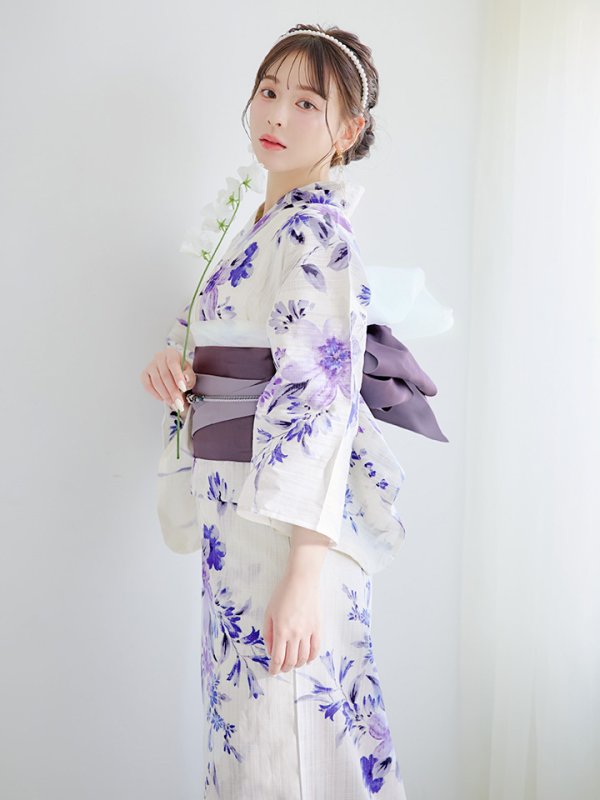 画像3: 【即日発送】白地xパープルグラデーション浴衣  【浴衣３点セット 浴衣/帯/下駄】[YMT]