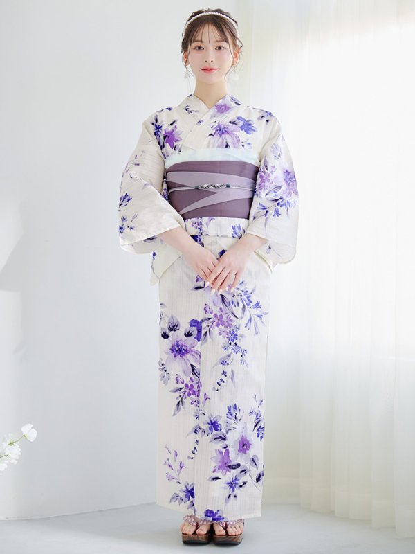 画像4: 【即日発送】白地xパープルグラデーション浴衣  【浴衣３点セット 浴衣/帯/下駄】[YMT]
