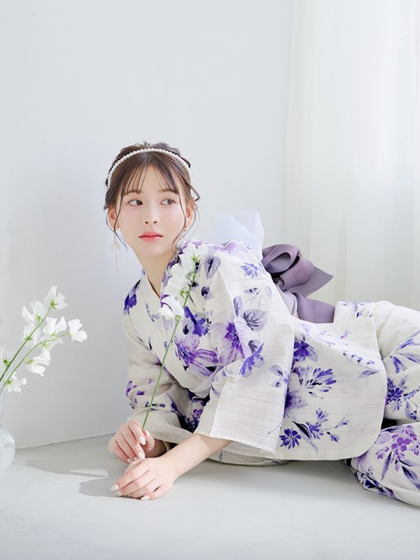 画像6: 【即日発送】白地xパープルグラデーション浴衣  【浴衣３点セット 浴衣/帯/下駄】[YMT]