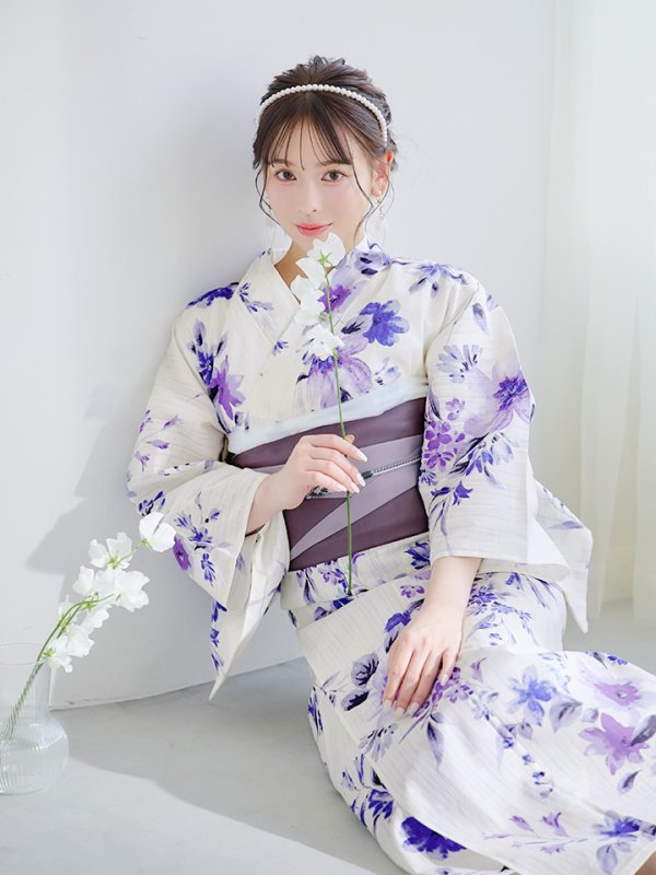 画像7: 【即日発送】白地xパープルグラデーション浴衣  【浴衣３点セット 浴衣/帯/下駄】[YMT]
