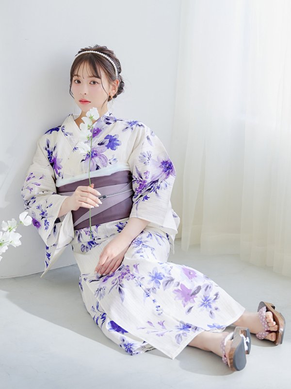 画像8: 【即日発送】白地xパープルグラデーション浴衣  【浴衣３点セット 浴衣/帯/下駄】[YMT]