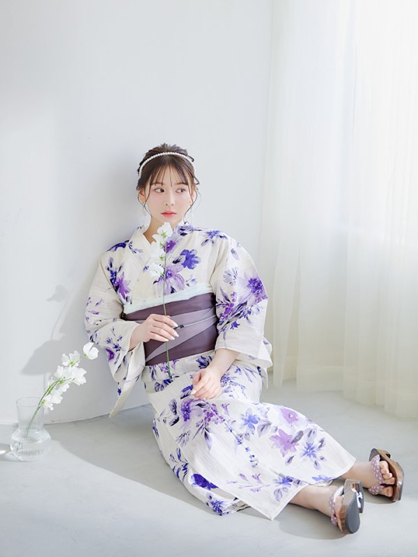 画像9: 【即日発送】白地xパープルグラデーション浴衣  【浴衣３点セット 浴衣/帯/下駄】[YMT]