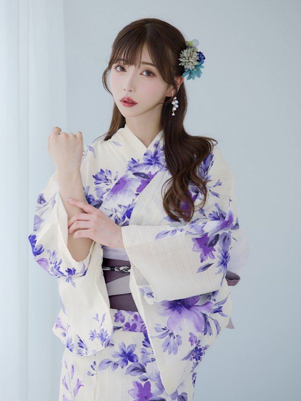 画像9: 【即日発送】白地xパープルグラデーション浴衣  【浴衣３点セット 浴衣/帯/下駄】[YMT]