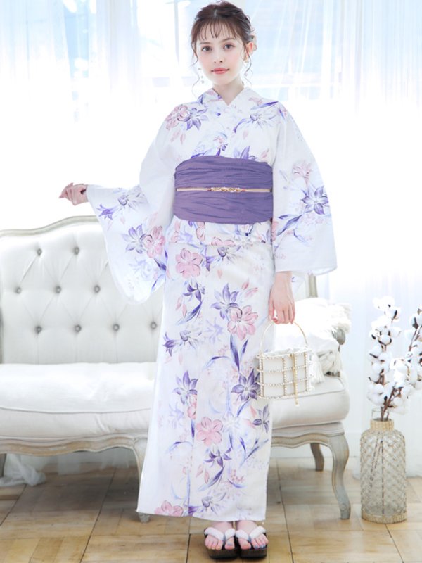 画像4: 【即日発送】パープルxピンクの百合浴衣  【浴衣３点セット 浴衣/帯/下駄】[YMT]