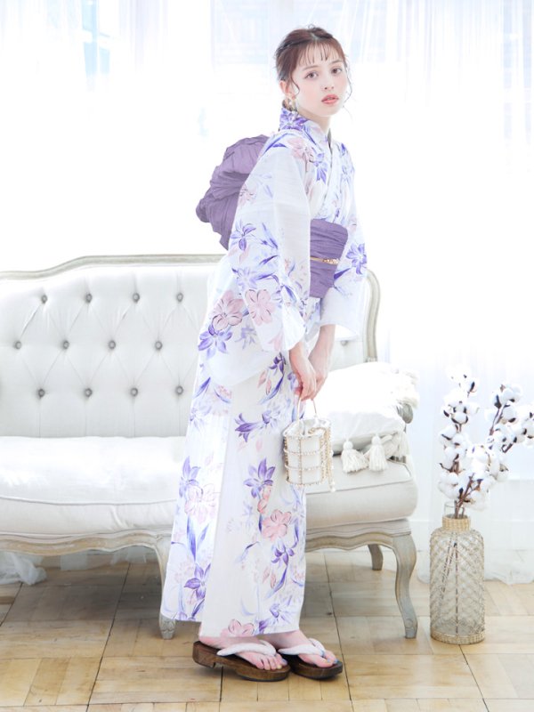 画像7: 【即日発送】パープルxピンクの百合浴衣  【浴衣３点セット 浴衣/帯/下駄】[YMT]