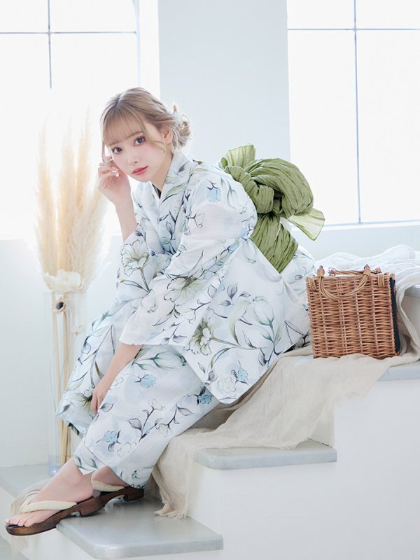 画像10: 【即日発送】水墨風イエロー×ブルー牡丹浴衣  (浴衣/帯/飾り紐/下駄4点セット)[YMT]