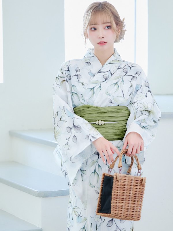 画像15: 【即日発送】水墨風イエロー×ブルー牡丹浴衣  (浴衣/帯/飾り紐/下駄4点セット)[YMT]